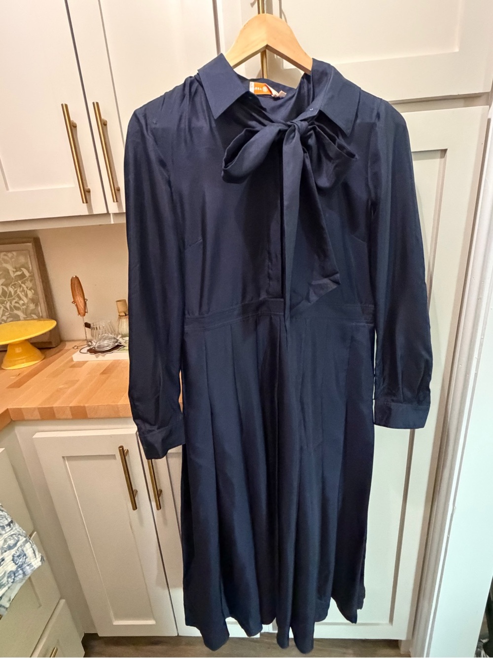 Tory Burch Navy Bow-Neck Long-Sleeve Midi Dress